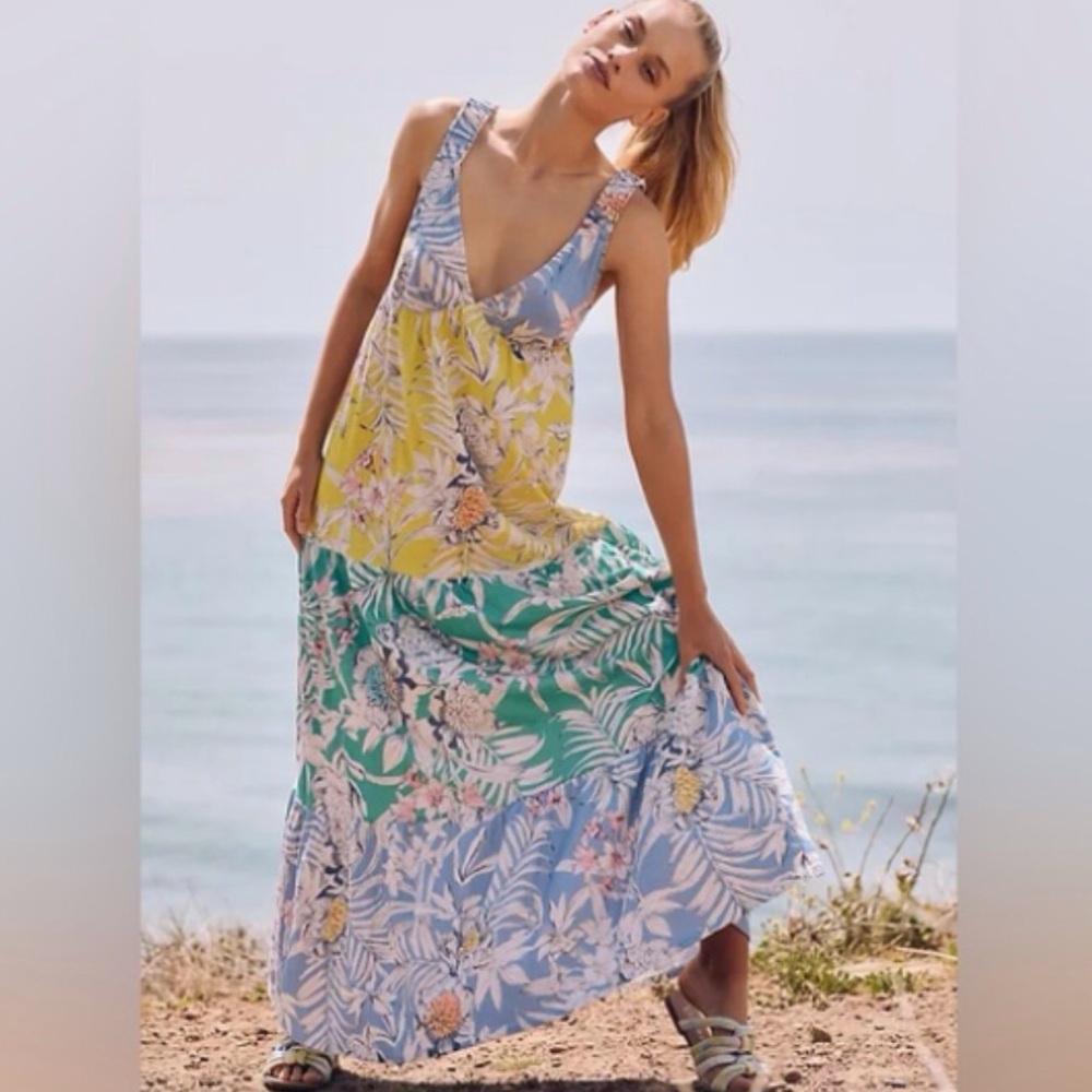 Floral Tiered V-Neck Maxi Dress in Yellow, Green & Blue